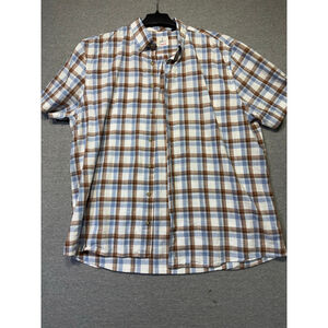Men's Johnnie-O XL White Blue Brown Plaid Casual Button Down Shirt color Havana